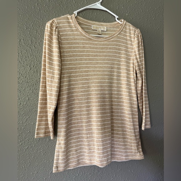 Michael Kors women’s small tan and white striped half-sleeve blouse top,… - Picture 2 of 7